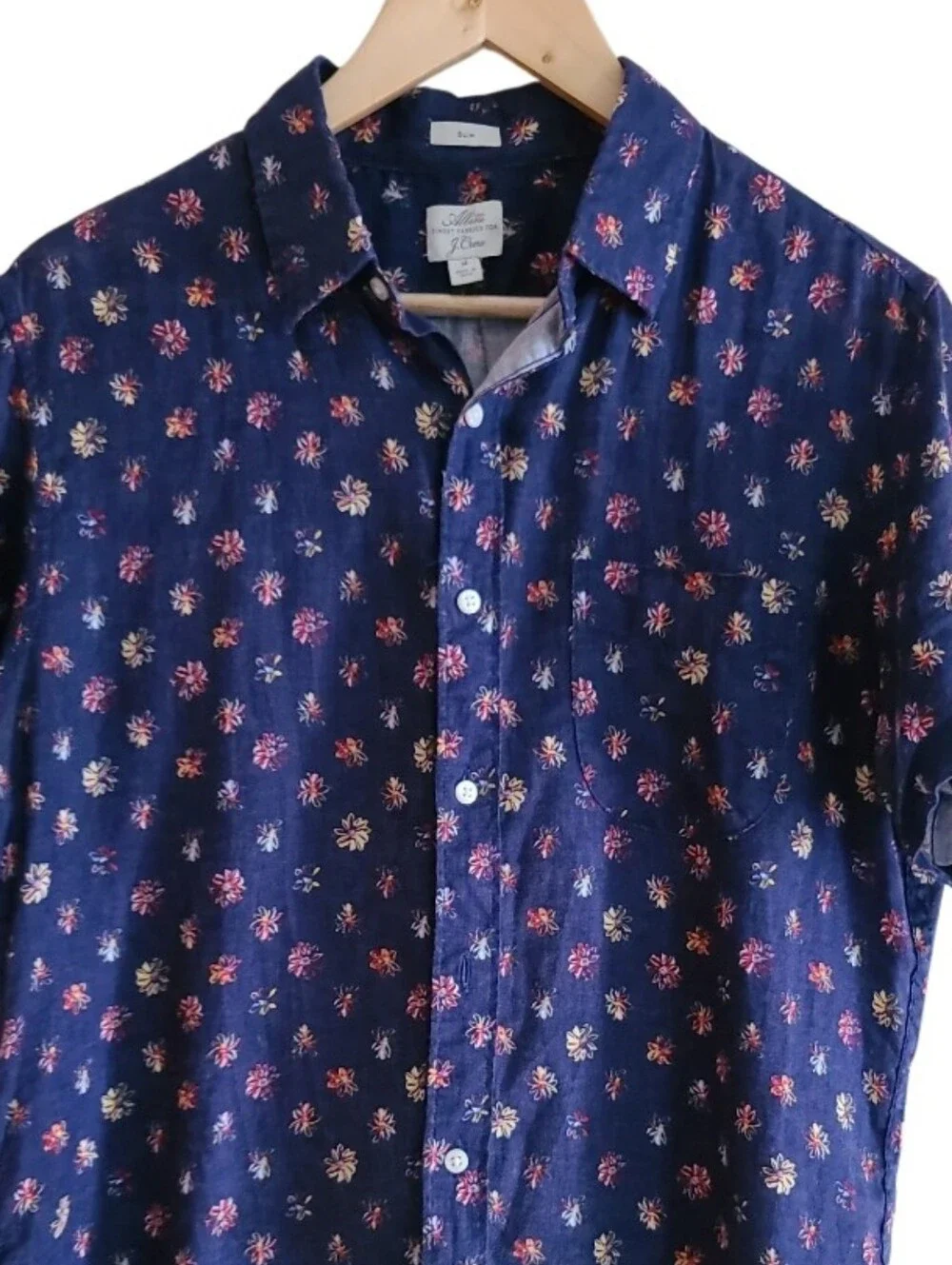 J.Crew X Albini Fabrics Italian 100% Linen Short-Sleeve Shirt Navy Blue Floral